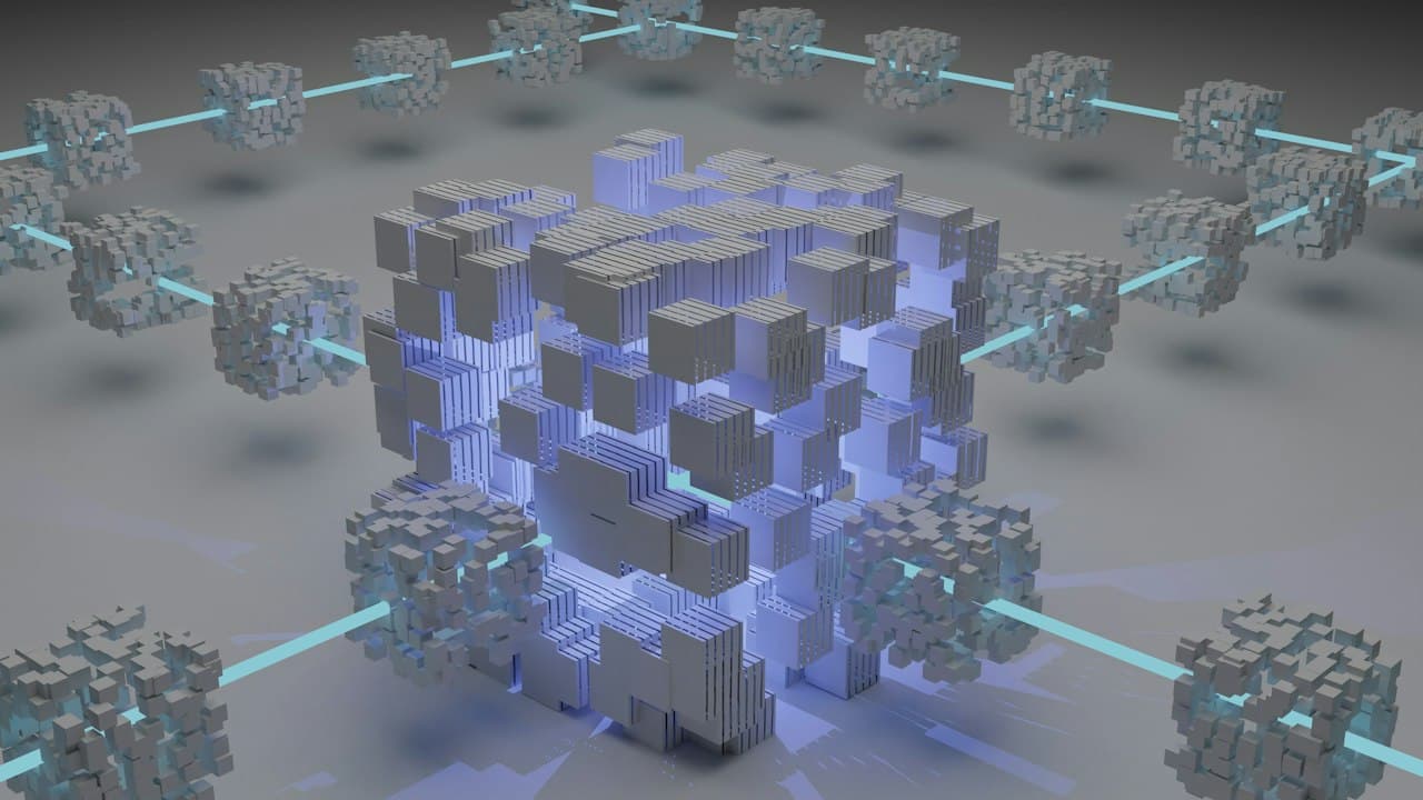 Blockchain-style digital security network graphic