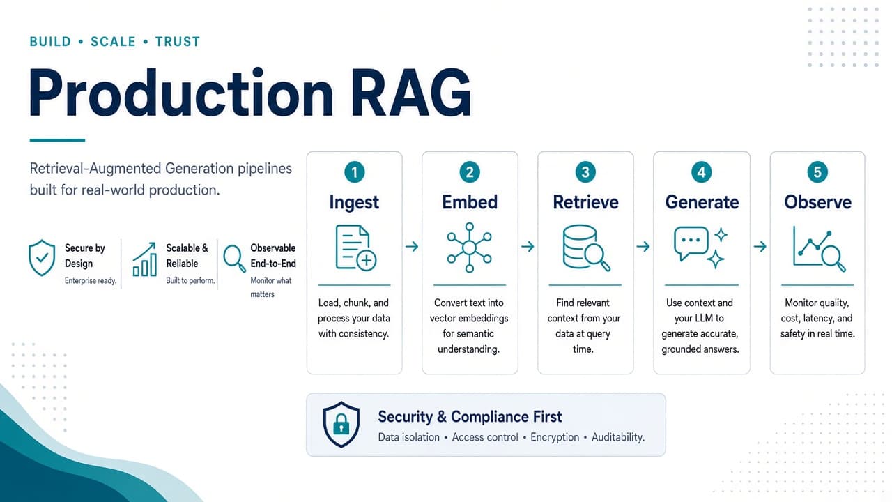 Production RAG pipeline from ingest through embed, retrieve, generate, and observe