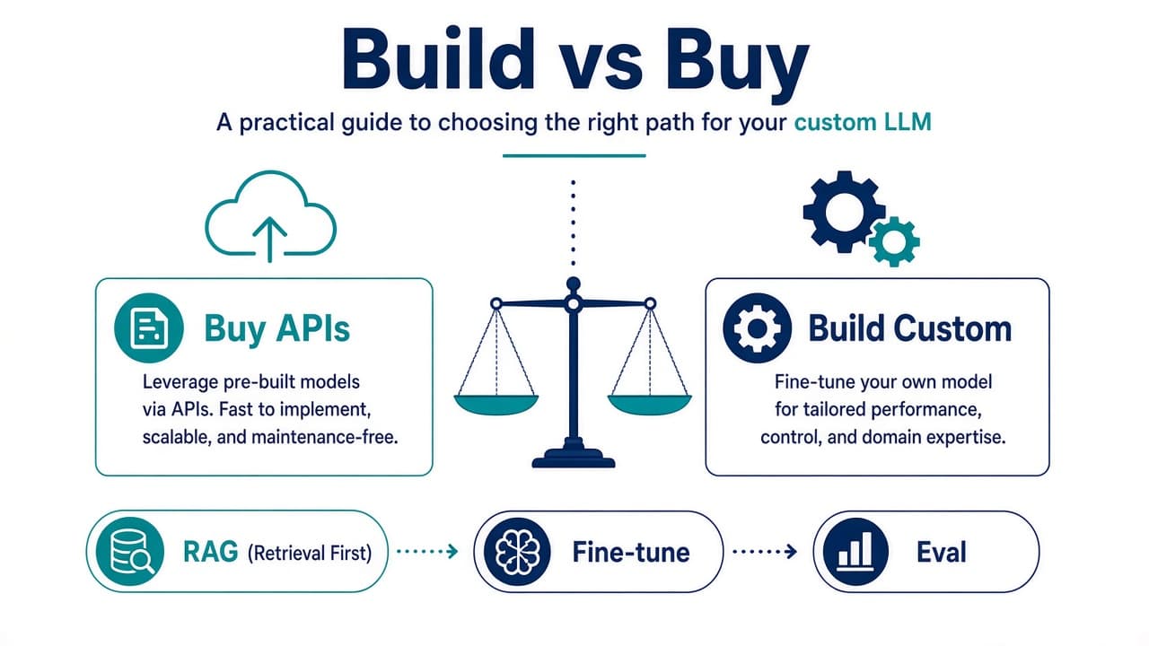 Build vs Buy infographic for custom LLMs versus hosted AI APIs